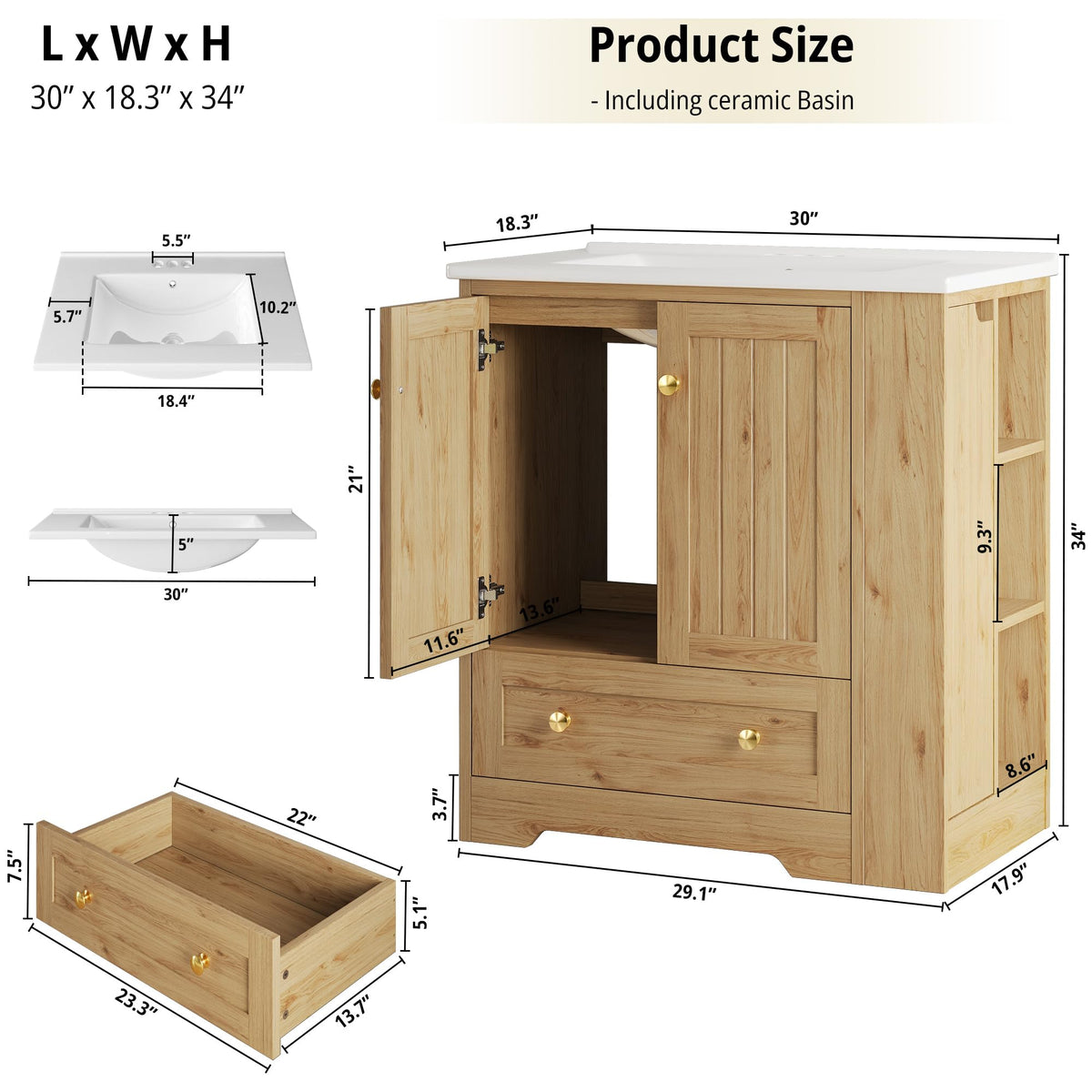 IRONCK Bathroom Vanity with Ceramic Sink, 30" Bathroom Cabinet, Black