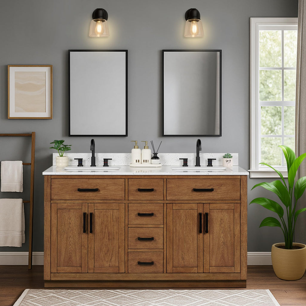48-inch Dark Walnut Bathroom Vanity with Sink, Solid Wood, 0.79-inch Stone Countertop and Backsplash, 9 Drawers, 2 Soft Closing Doors
