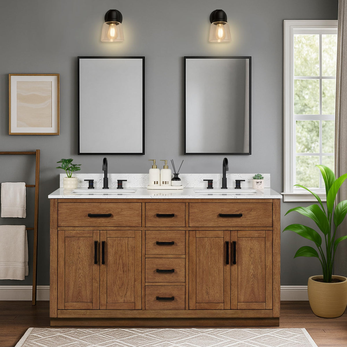 48-inch Dark Walnut Bathroom Vanity with Sink, Solid Wood, 0.79-inch Stone Countertop and Backsplash, 9 Drawers, 2 Soft Closing Doors