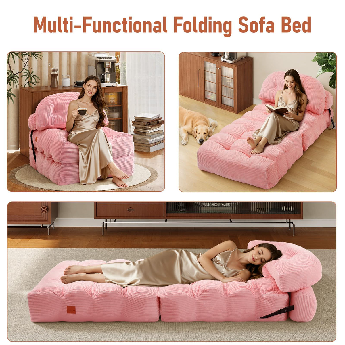 Folding Sofa Bed, Convertible Sleeper Chair with Back Support and Pillow