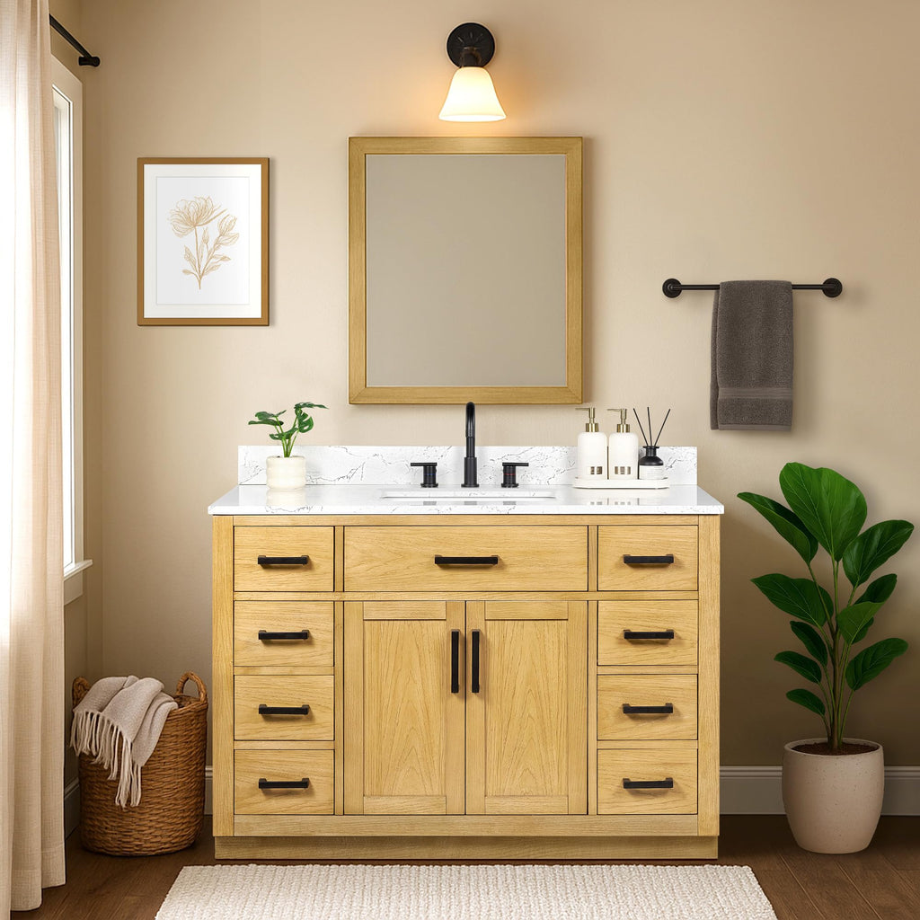 48-inch Dark Walnut Bathroom Vanity with Sink, Solid Wood, 0.79-inch Stone Countertop and Backsplash, 9 Drawers, 2 Soft Closing Doors