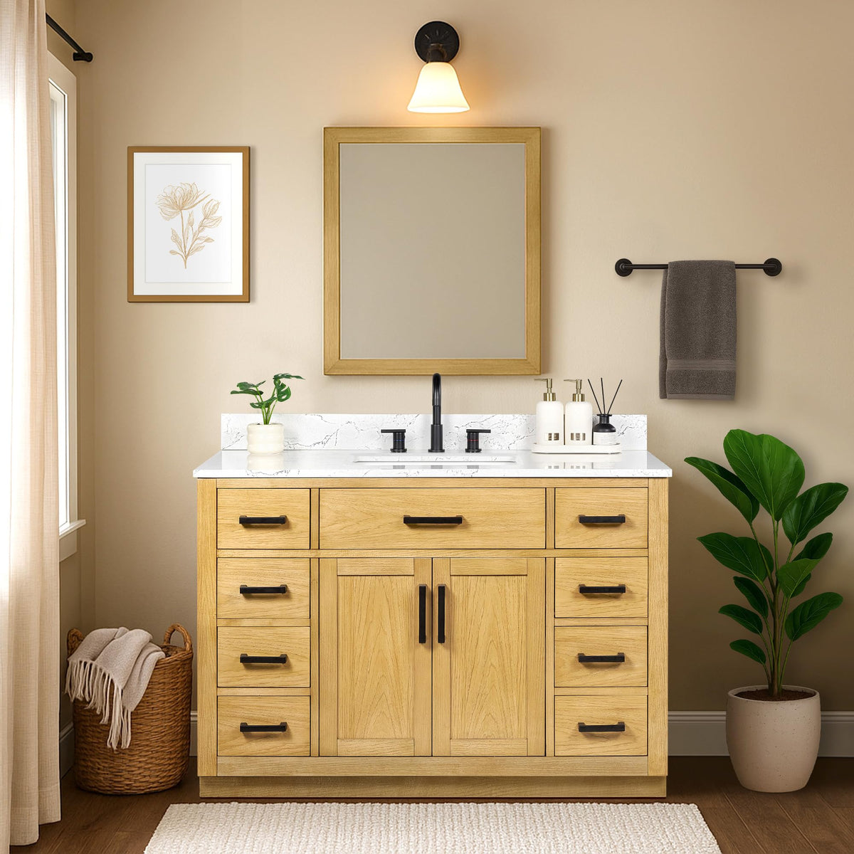 48-inch Dark Walnut Bathroom Vanity with Sink, Solid Wood, 0.79-inch Stone Countertop and Backsplash, 9 Drawers, 2 Soft Closing Doors