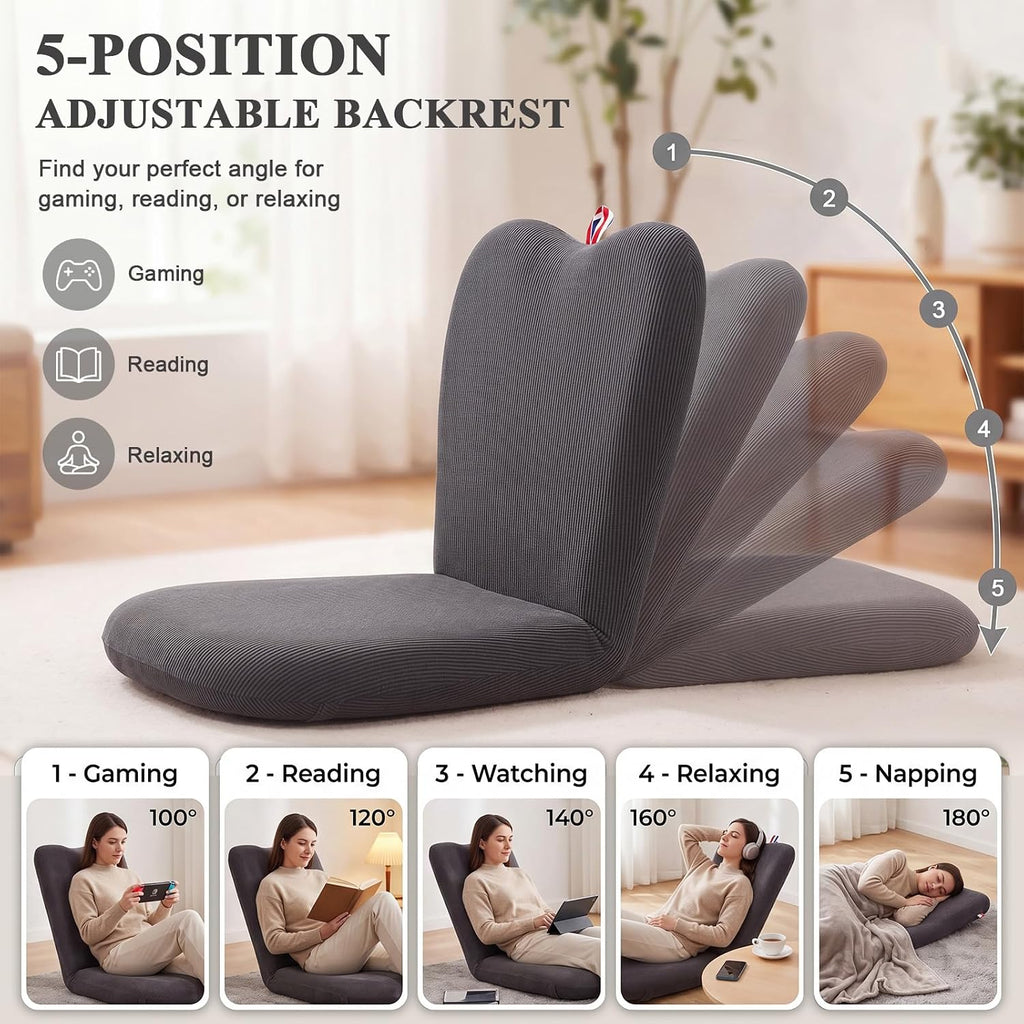 Sintuff 2 Pcs Floor Chair with Back Support Meditation Chair Floor Seat with Thick Cushion 5-Position Adjustable Tatami Lounger Folding Lazy Sofa for Reading Gaming Watching TV Dorm Yoga, Dark Grey