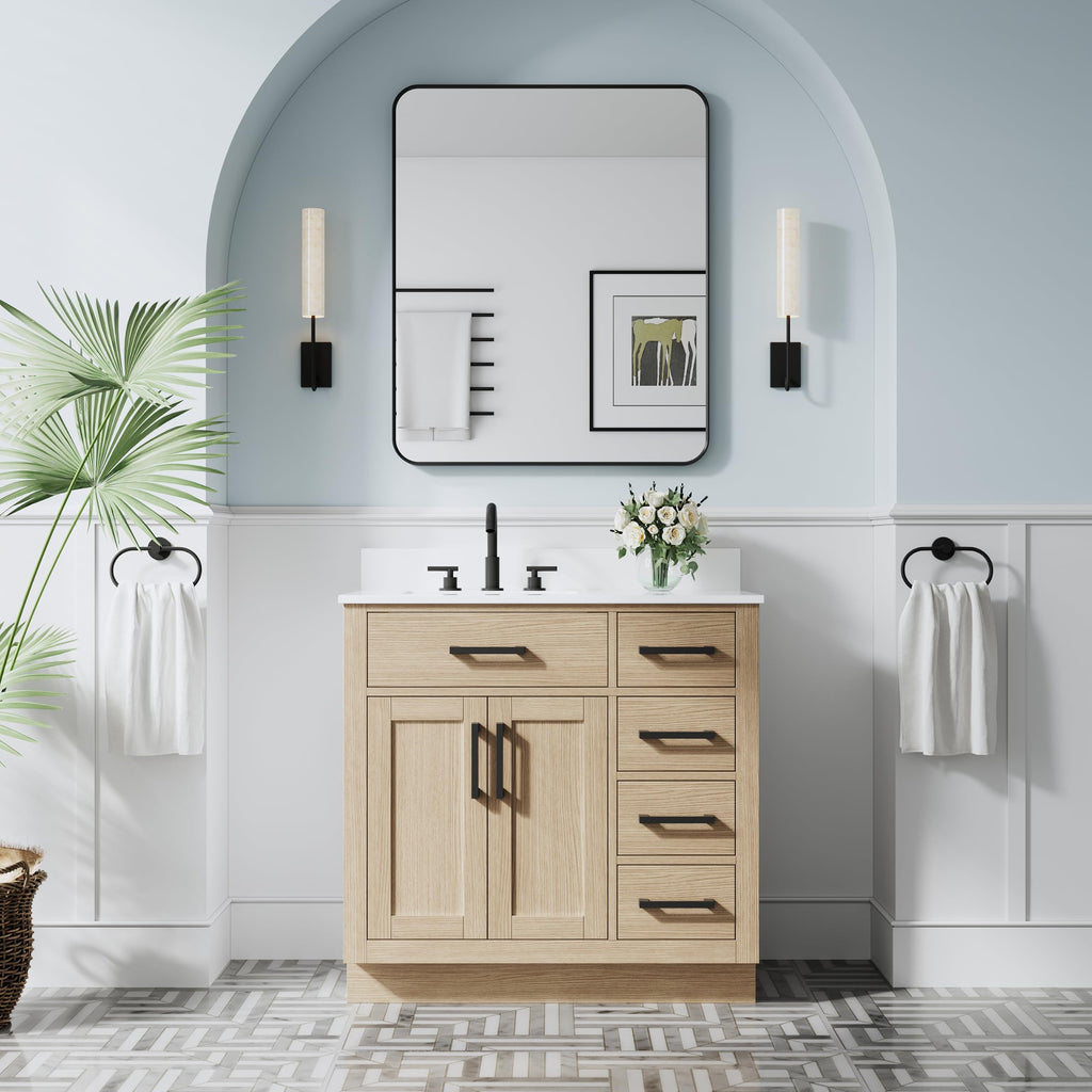WELLFOR 36-Inch Bathroom Vanity with Sink W/ 2 Doors & 4 Drawers & 1 Flip Drawer,Navy Blue Vanity W/Matte Black Handles