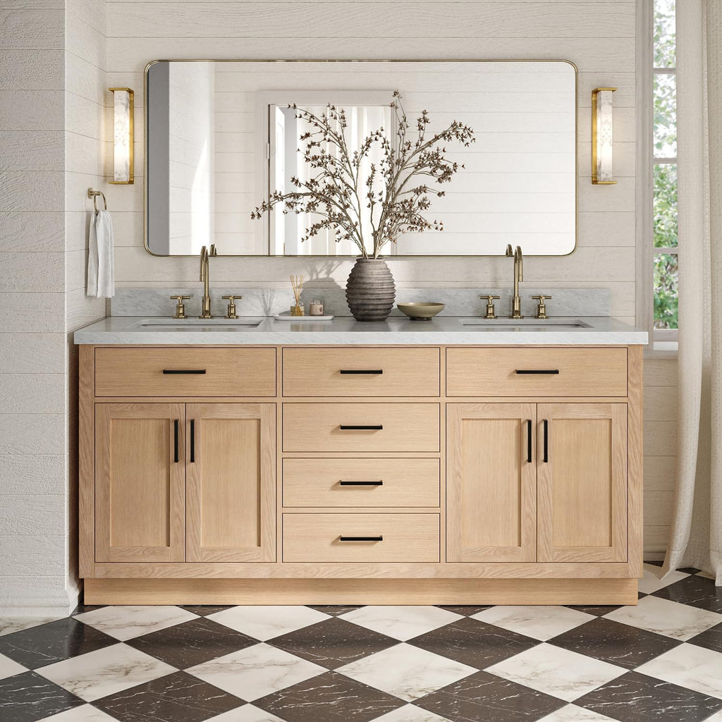 DKB Isabella 72" Oak Double Bathroom Vanity with Sink, 1.5" Carrara White Marble Countertop, Rectangle Undermount Sinks, 4 Soft Closing Doors, 6 Dovetail Drawers