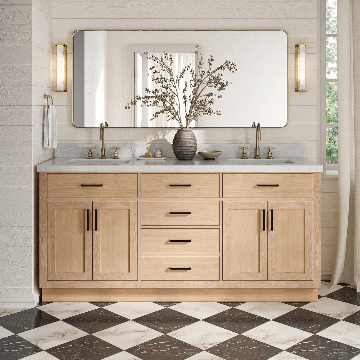 DKB Isabella 72" Oak Double Bathroom Vanity with Sink, 1.5" Carrara White Marble Countertop, Rectangle Undermount Sinks, 4 Soft Closing Doors, 6 Dovetail Drawers