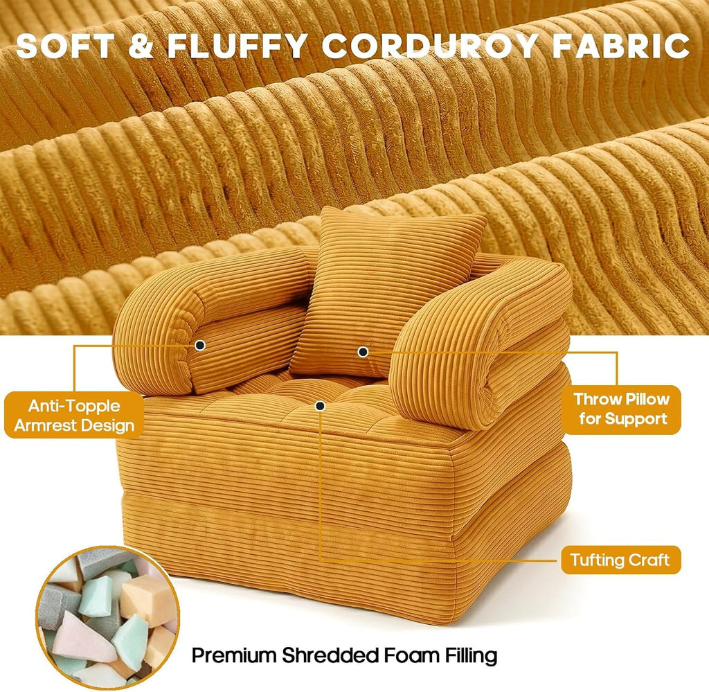 Folding Sofa Bed, Convertible Sleeper Chair with Armrests, Corduroy Foldable Boneless Bed, 3-in-1 Portable Futon Couch Floor Sofa with Pillow for Bedroom, Living Room, Orange