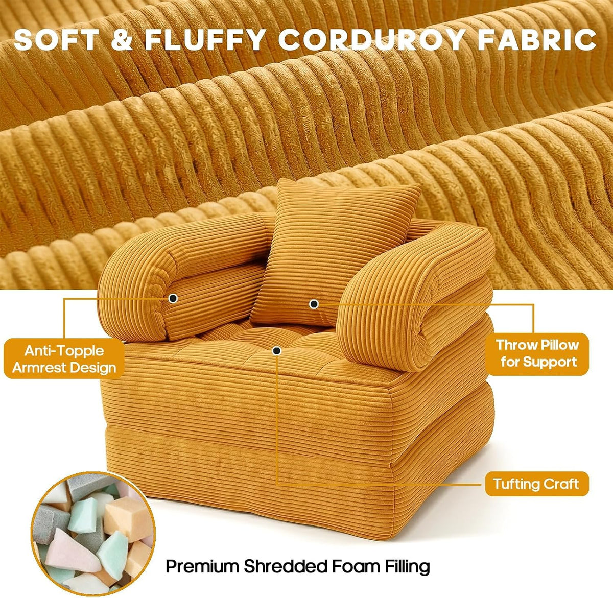 Folding Sofa Bed, Convertible Sleeper Chair with Armrests, Corduroy Foldable Boneless Bed, 3-in-1 Portable Futon Couch Floor Sofa with Pillow for Bedroom, Living Room, Orange