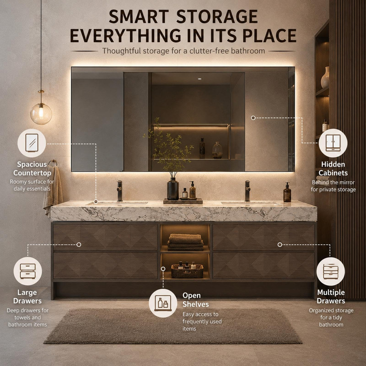 52 IN Freestanding Double Bathroom Vanity with Sinks & LED Backlit Mirror
