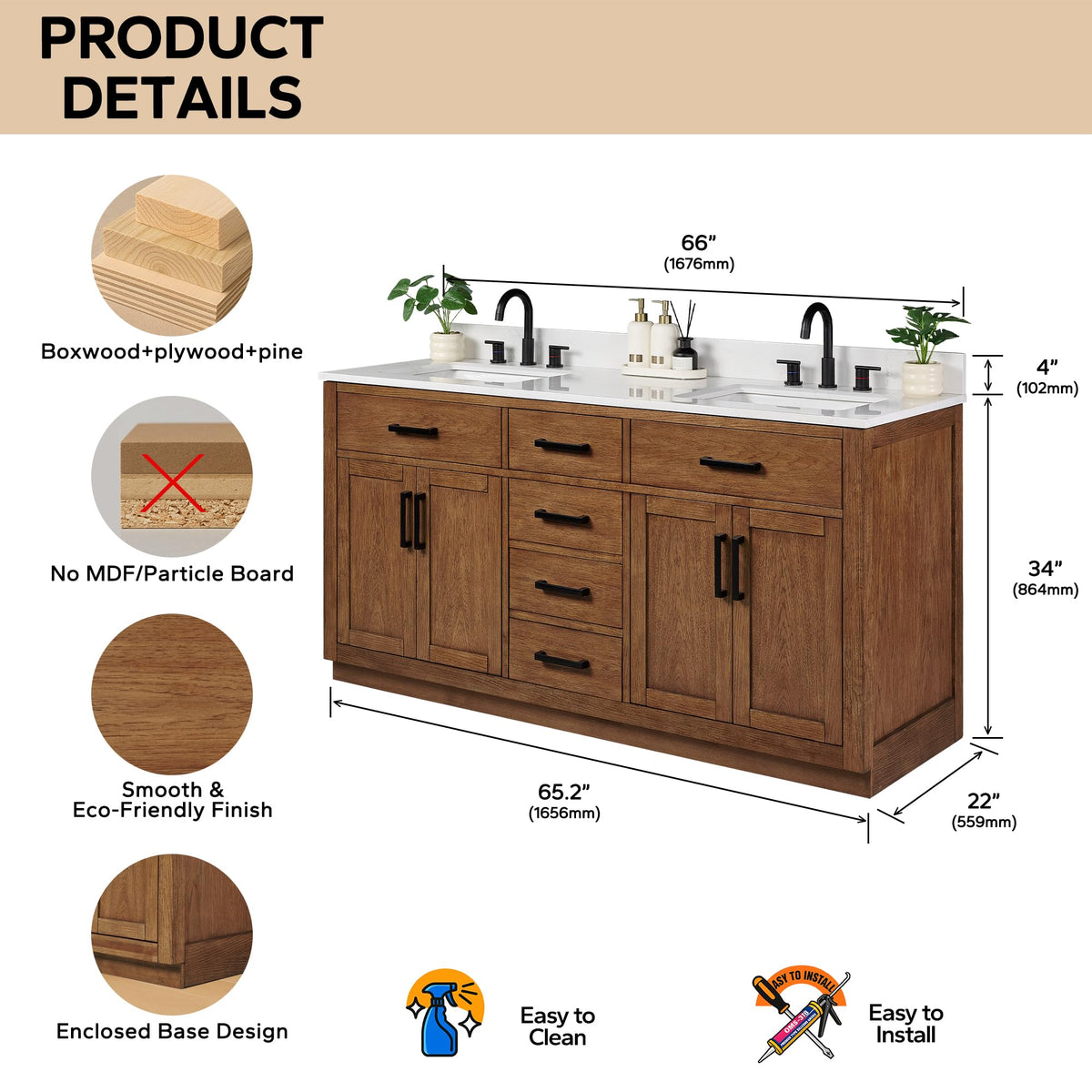 48-inch Dark Walnut Bathroom Vanity with Sink, Solid Wood, 0.79-inch Stone Countertop and Backsplash, 9 Drawers, 2 Soft Closing Doors
