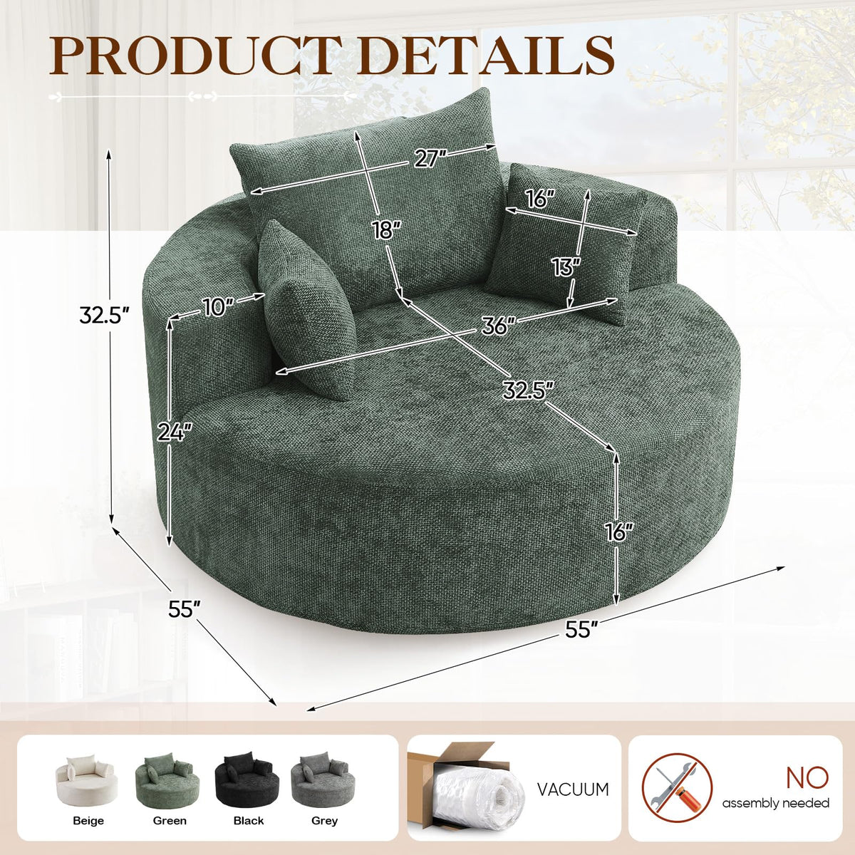 Oversized Round Chaise Longue Chair Indoor, Modern 55-inch Upholstered Corduroy Deep Seat Circle Single Cloud Lounge Floor Sofa Chair for Living Room, Bedroom Apartment, Beige