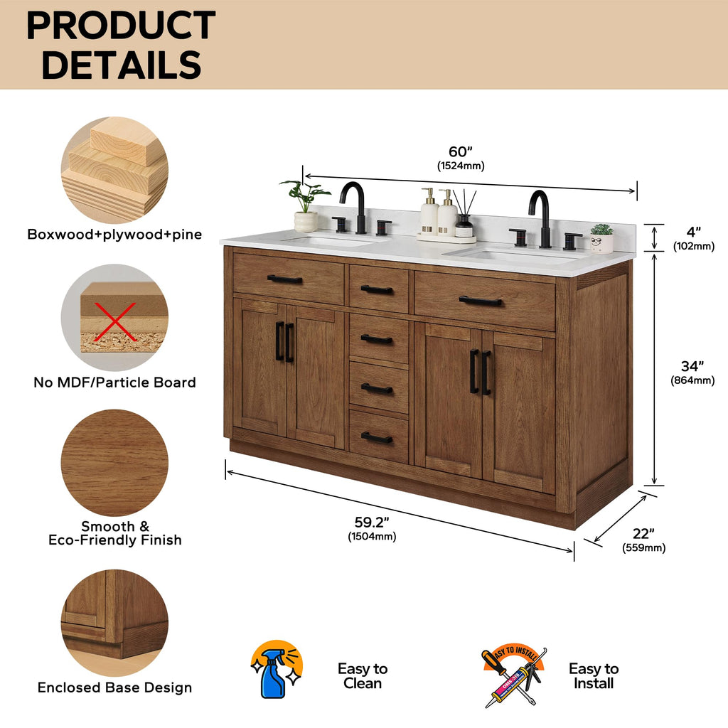 48-inch Dark Walnut Bathroom Vanity with Sink, Solid Wood, 0.79-inch Stone Countertop and Backsplash, 9 Drawers, 2 Soft Closing Doors