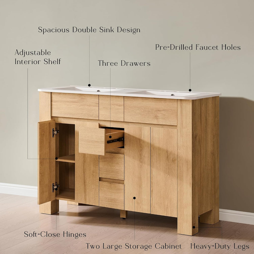 T4TREAM 47.6 Inch Modern Bathroom Vanity with Double Sink, Natural Oak