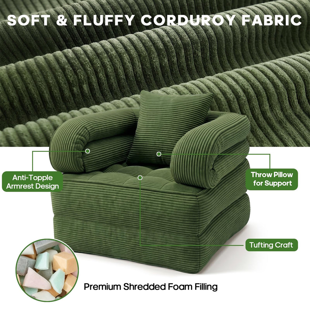 Folding Sofa Bed, Convertible Sleeper Chair with Armrests, Corduroy Foldable Boneless Bed, 3-in-1 Portable Futon Couch Floor Sofa with Pillow for Bedroom, Living Room, Orange
