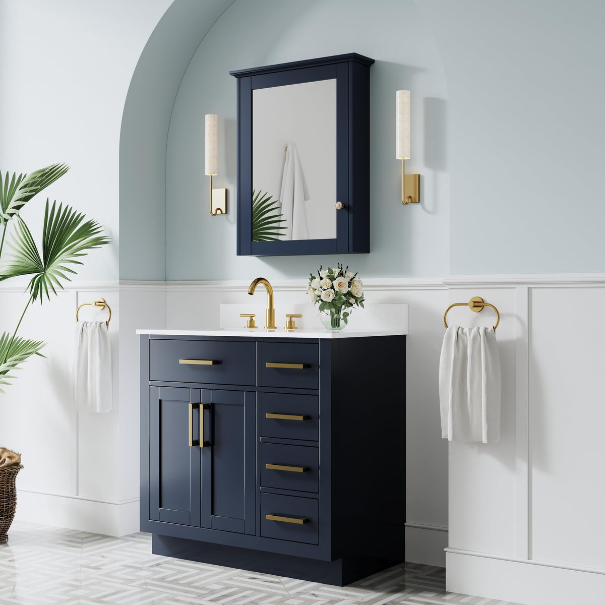 WELLFOR 36-Inch Bathroom Vanity with Sink W/ 2 Doors & 4 Drawers & 1 Flip Drawer,Navy Blue Vanity W/Matte Black Handles