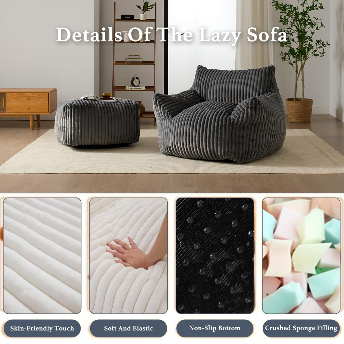3-in-1 Giant Bean Bag Chair for Adults & Kids, Convertible Floor Sofa to Mattress, Memory Foam Beanbag Chair with Washable Cover, Multi Functional Lounge Couch for Bedroom, Living Room (Dark Grey)