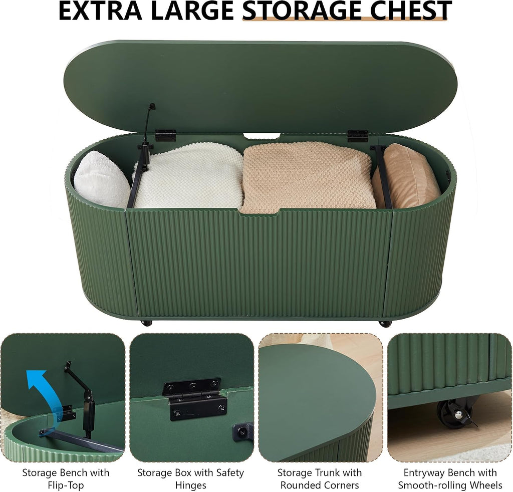 RARZOE 43.3" Fluted Storage Chest, Oval Storage Bench with 4 Wheels,(Green)