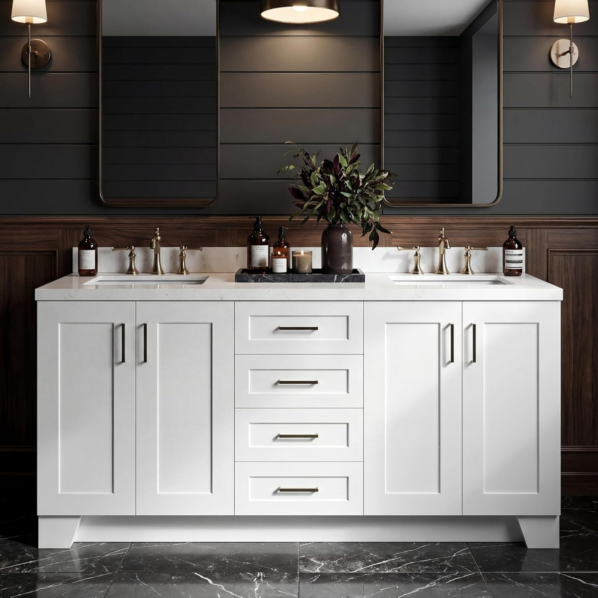 DKB Emilia 72 Inch Bathroom Vanity Double Sink â White Bathroom Vanity with Sink, 1.5" Edge Carrara White Quartz Countertop & Backsplash, 4 Soft-Close Doors, and 6 Dovetail Drawers