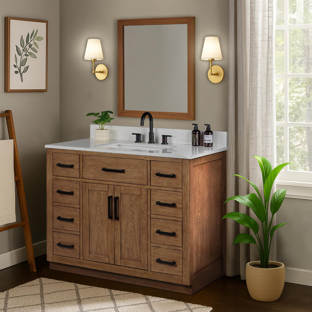 48-inch Dark Walnut Bathroom Vanity with Sink, Solid Wood, 0.79-inch Stone Countertop and Backsplash, 9 Drawers, 2 Soft Closing Doors