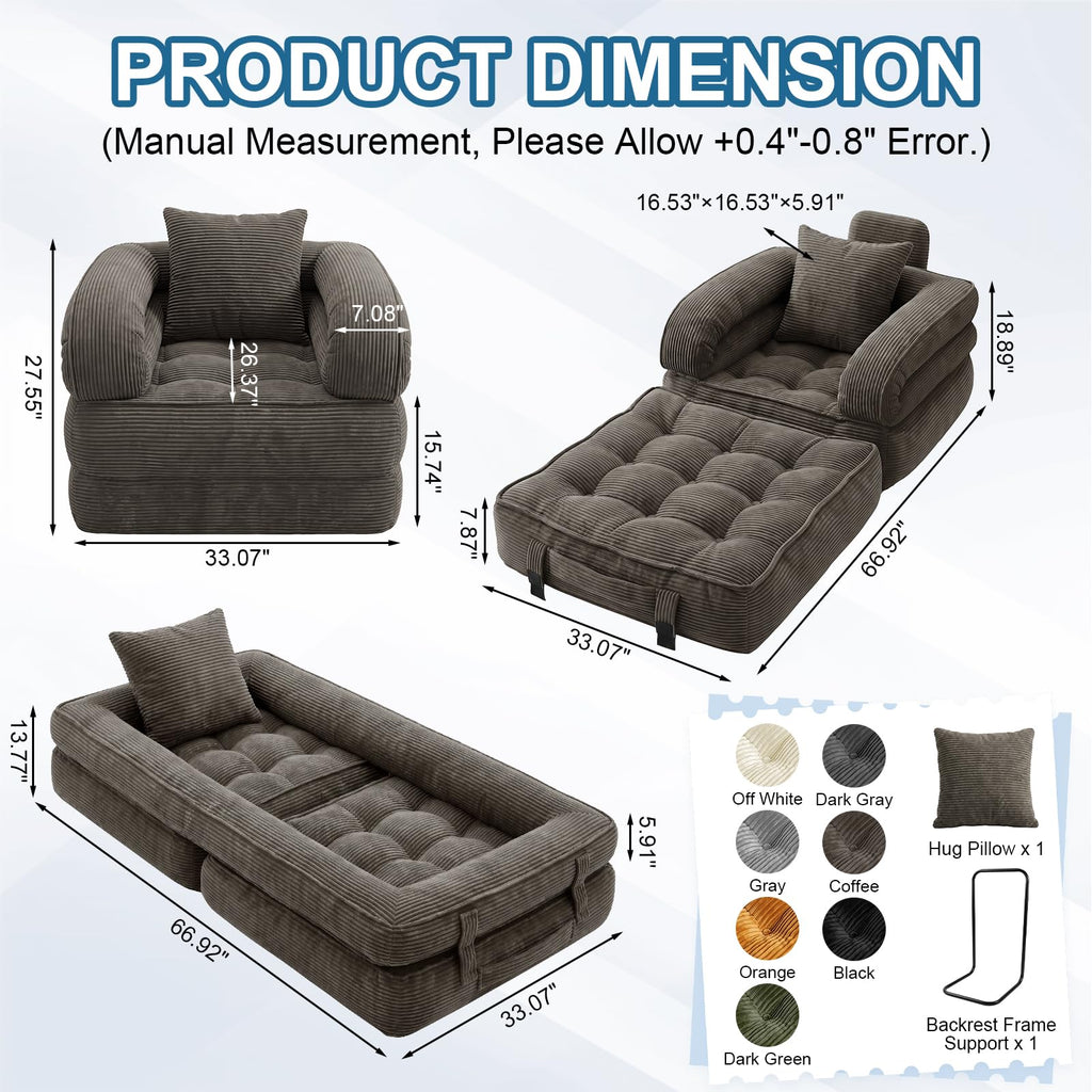 Folding Sofa Bed, Convertible Sleeper Chair with Armrests, Corduroy Foldable Boneless Bed, 3-in-1 Portable Futon Couch Floor Sofa with Pillow for Bedroom, Living Room, Orange