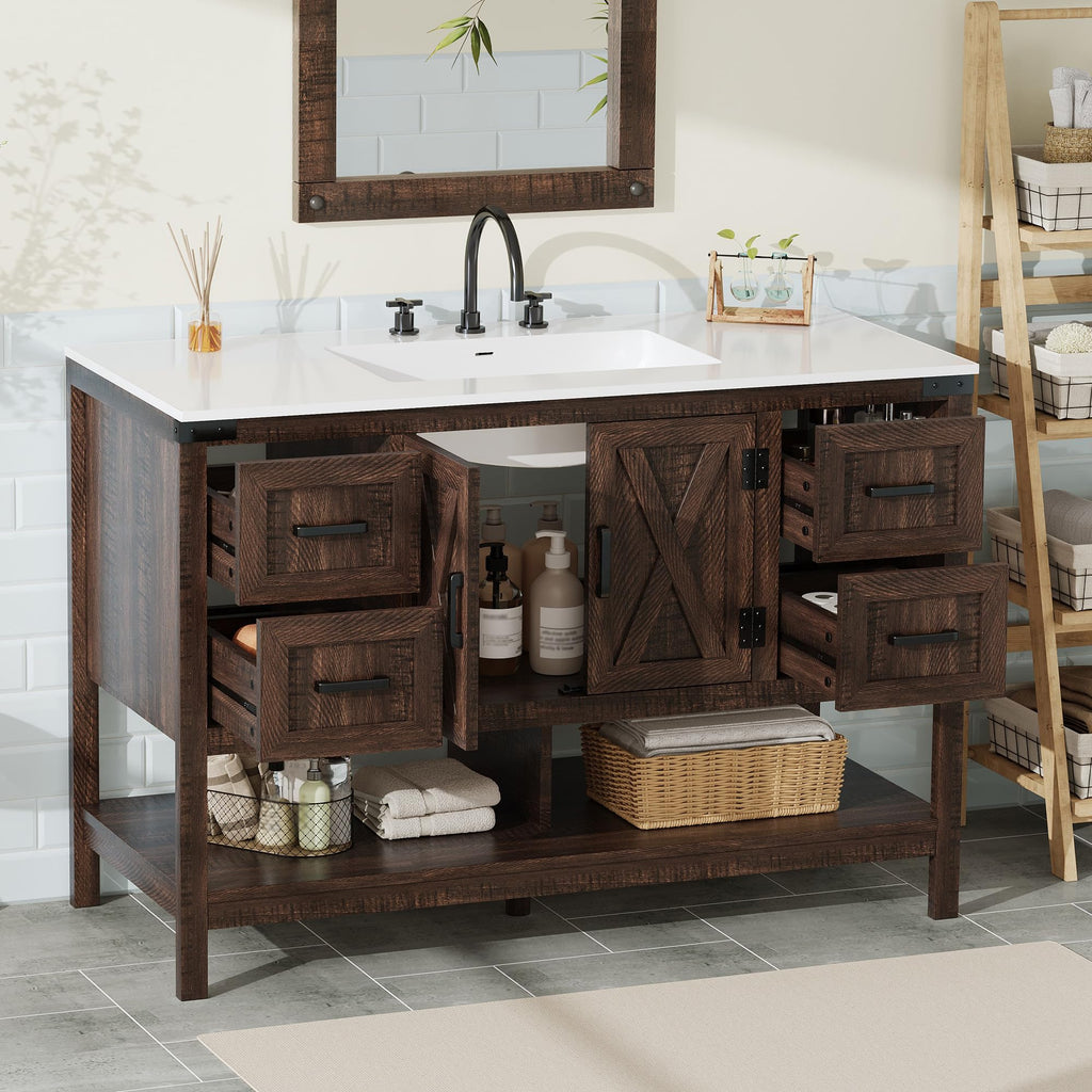 AMERLIFE 48" White Farmhouse Sink Bathroom Vanity, Solid White Top