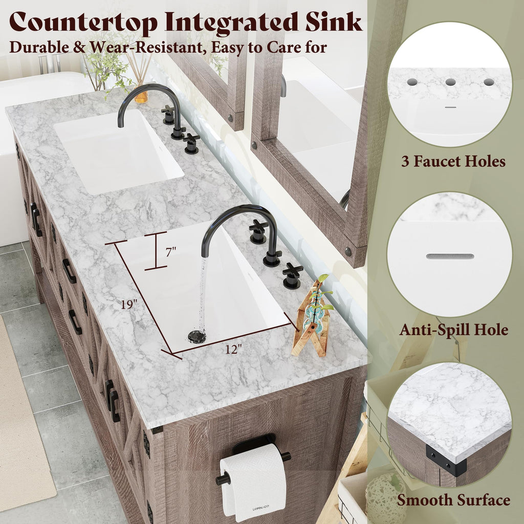 AMERLIFE 48" White Farmhouse Sink Bathroom Vanity, Solid White Top