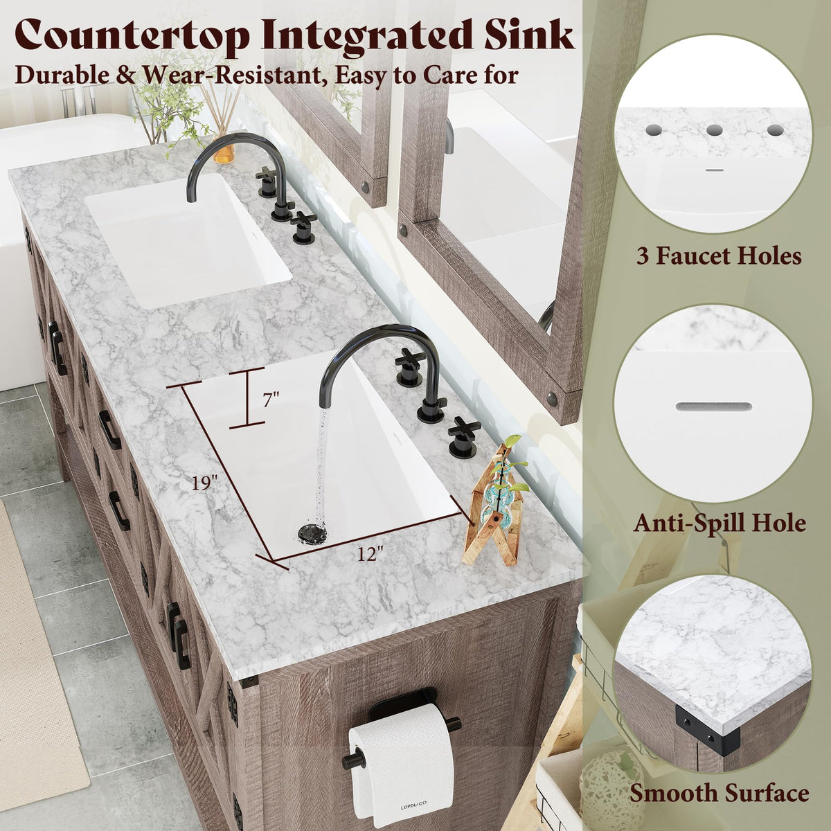 AMERLIFE 48" White Farmhouse Sink Bathroom Vanity, Solid White Top