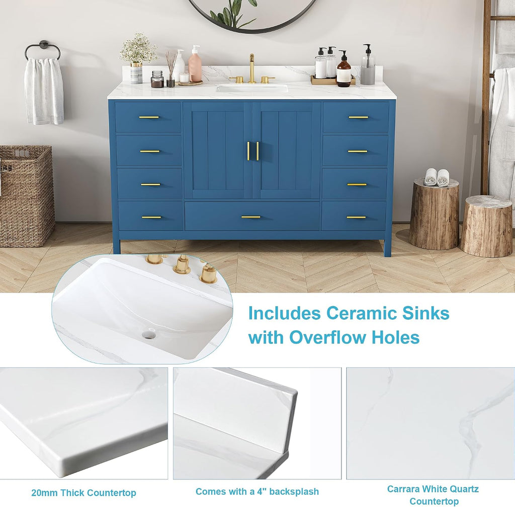 60" Bathroom Vanity Single Sink with 3 Hole, Sink Bathroom Vanity with Solid Wood Frame Storage,Soft Close Double Doors & 9 Sliding Drawers, with Gold Accents