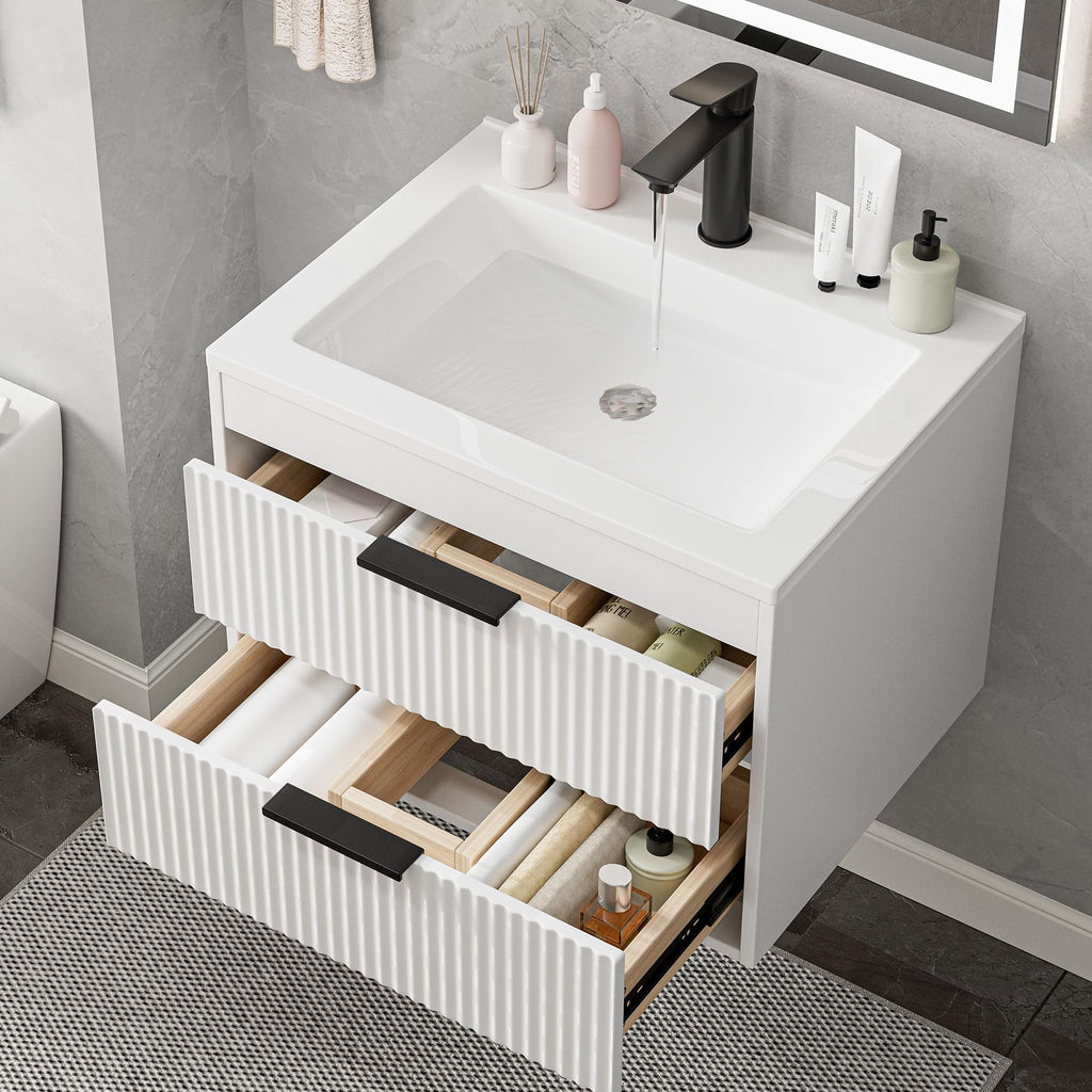 24 Inches Modern MDF Bathroom Vanity with Sink, Wall Mounted Floating Cabinets w/Double Drawers, Black Handles, White Resin Sink Combo Set (Black, 24")