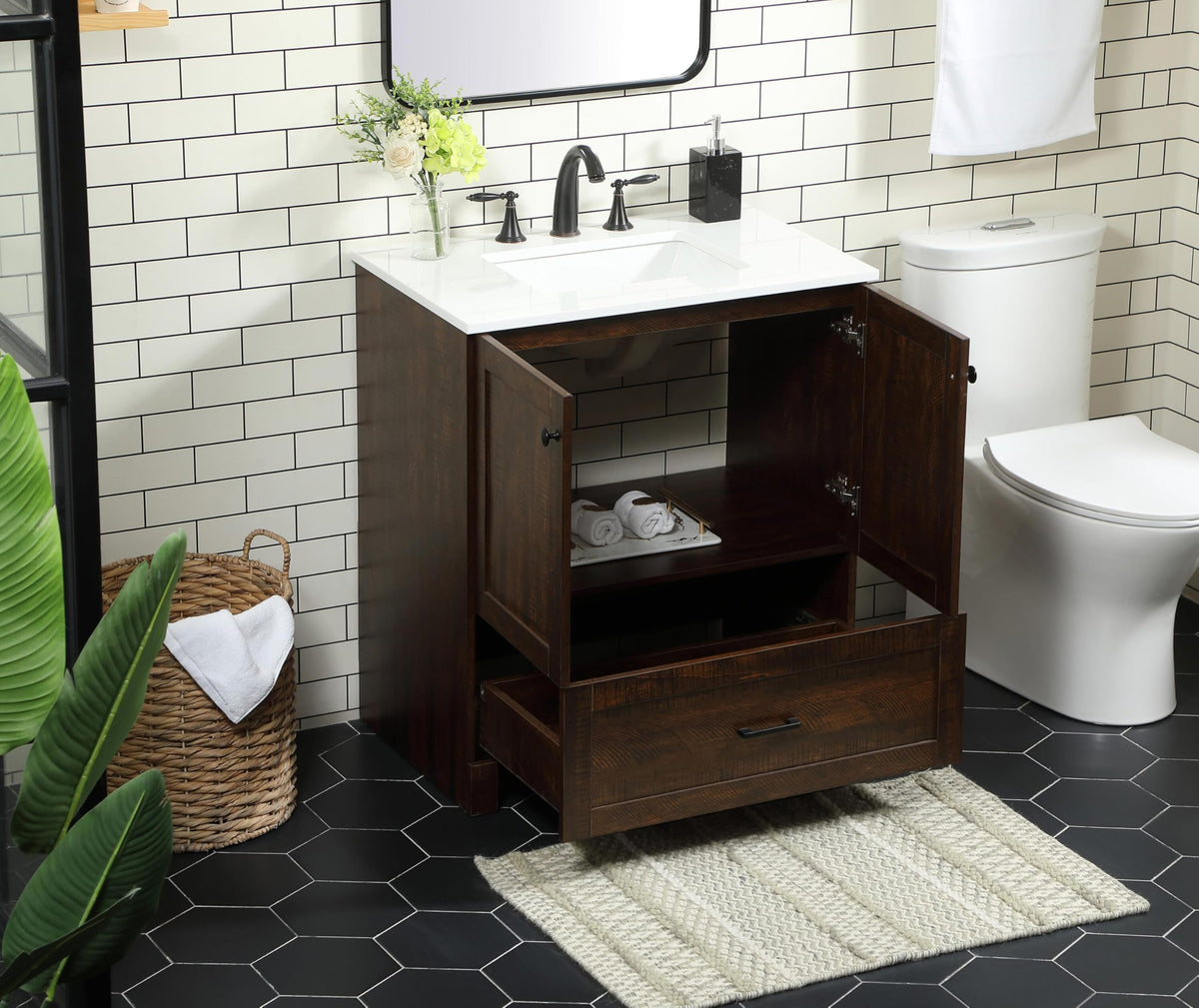 18" Pre-Assembled Bathroom Vanity with Sink, Engineered Wood, Ivory White Engineered Marble Countertop Included, Single Oval Porcelain Sink, 1 Soft-Close Drawers, Expresso