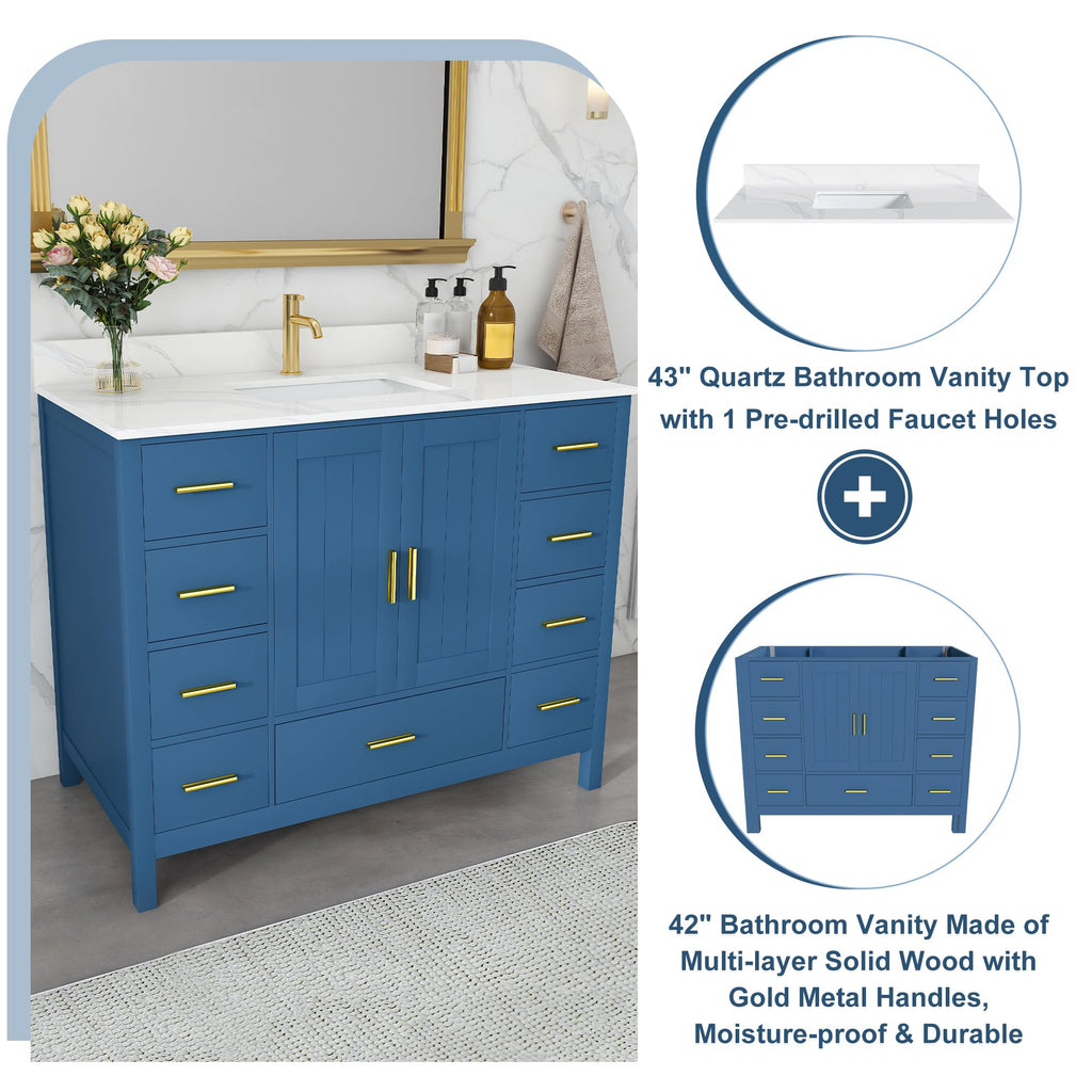 60" Bathroom Vanity Single Sink with 3 Hole, Sink Bathroom Vanity with Solid Wood Frame Storage,Soft Close Double Doors & 9 Sliding Drawers, with Gold Accents