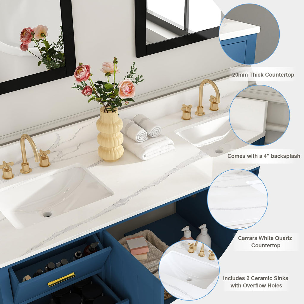 60" Bathroom Vanity Single Sink with 3 Hole, Sink Bathroom Vanity with Solid Wood Frame Storage,Soft Close Double Doors & 9 Sliding Drawers, with Gold Accents