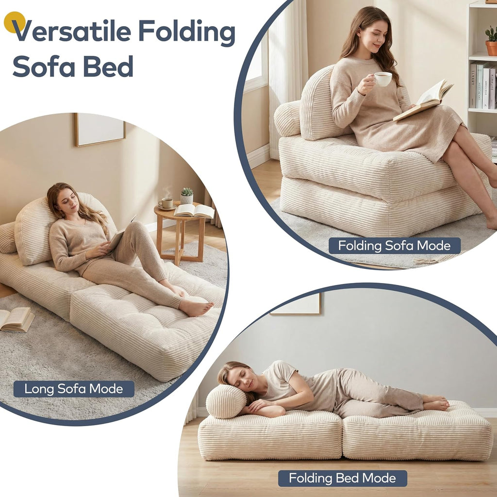 Convertible Corduroy Floor Sofa, 3-in-1 Folding Lazy Sofa Bed with Adjustable Backrest, Soft Bean Bag Chair Lounger for Living Room, Bedroom, Guest Room, Oversized Sleeper Chair