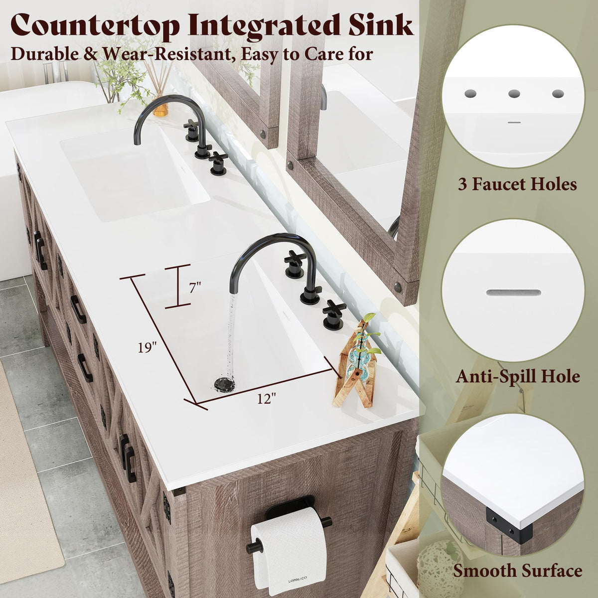 AMERLIFE 48" White Farmhouse Sink Bathroom Vanity, Solid White Top