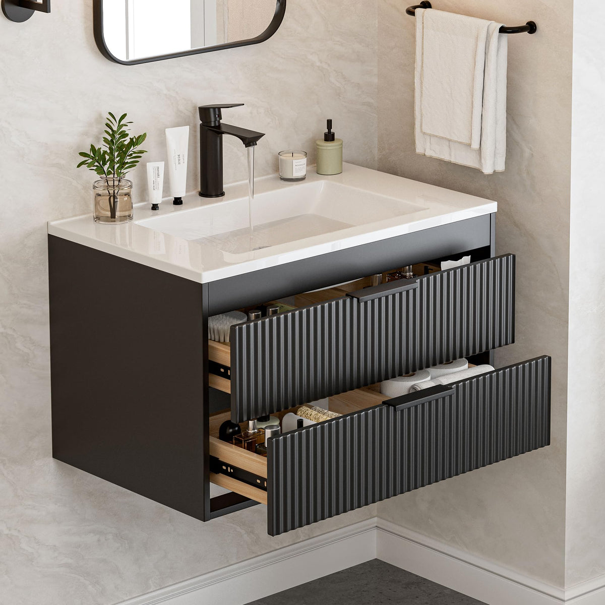 24 Inches Modern MDF Bathroom Vanity with Sink, Wall Mounted Floating Cabinets w/Double Drawers, Black Handles, White Resin Sink Combo Set (Black, 24")