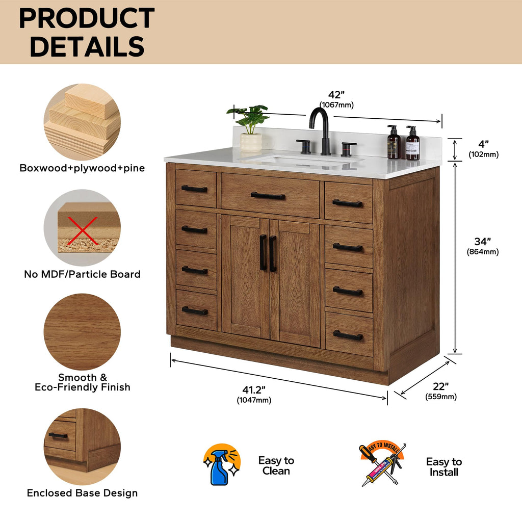 48-inch Dark Walnut Bathroom Vanity with Sink, Solid Wood, 0.79-inch Stone Countertop and Backsplash, 9 Drawers, 2 Soft Closing Doors