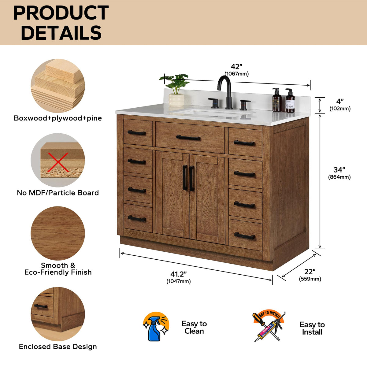 48-inch Dark Walnut Bathroom Vanity with Sink, Solid Wood, 0.79-inch Stone Countertop and Backsplash, 9 Drawers, 2 Soft Closing Doors