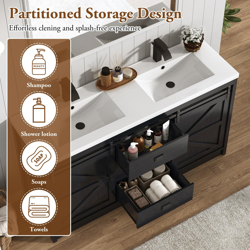 Double Bathroom Vanity with Sink & Faucet & Sewer Pipes,59" Farmhouse Bathroom Vanity Cabinet Set with 3 Storage Drawers & Sliding Barn Door,Double Sink Vanities With Metal Handle(Rustic Grey)