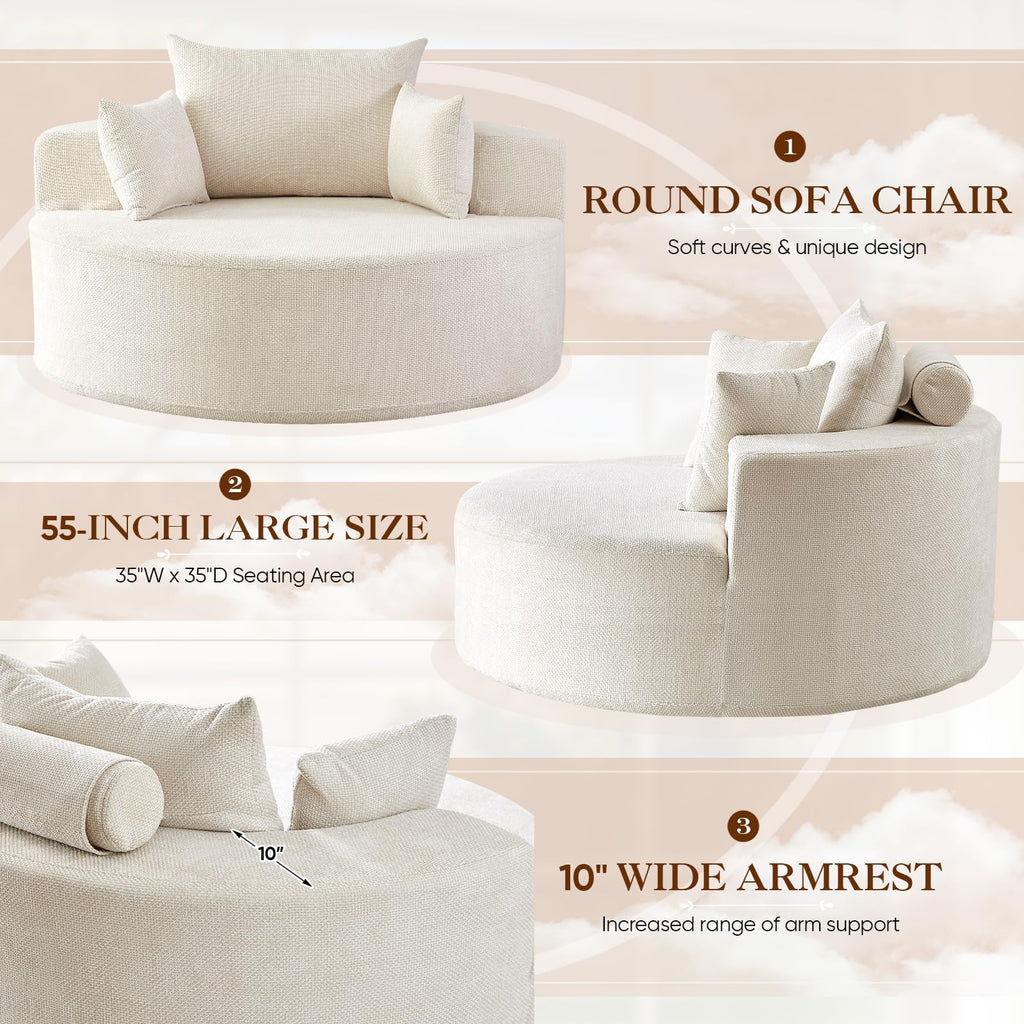 Oversized Round Chaise Longue Chair Indoor, Modern 55-inch Upholstered Corduroy Deep Seat Circle Single Cloud Lounge Floor Sofa Chair for Living Room, Bedroom Apartment, Beige