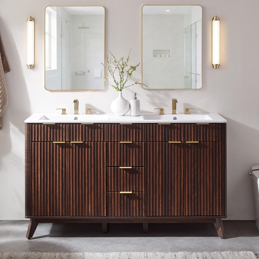 T4TREAM 60" Fluted Bathroom Vanity with Resin Sink Combo, Natural Oak