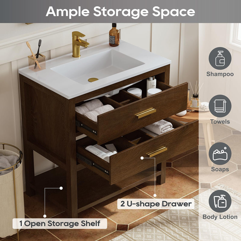 42 Inch Bathroom Vanity with Sink, Fully-Assembled, Walnut