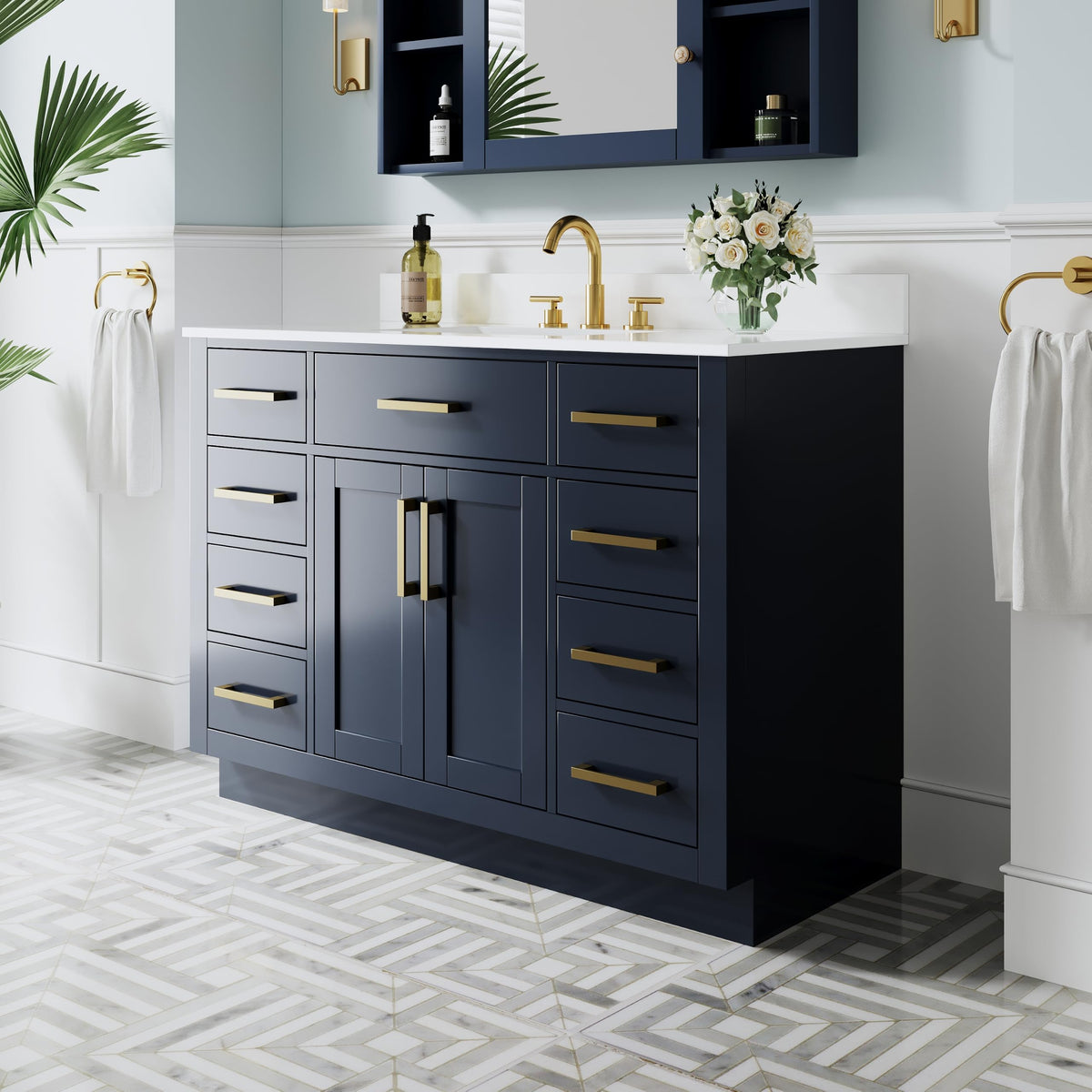WELLFOR 36-Inch Bathroom Vanity with Sink W/ 2 Doors & 4 Drawers & 1 Flip Drawer,Navy Blue Vanity W/Matte Black Handles