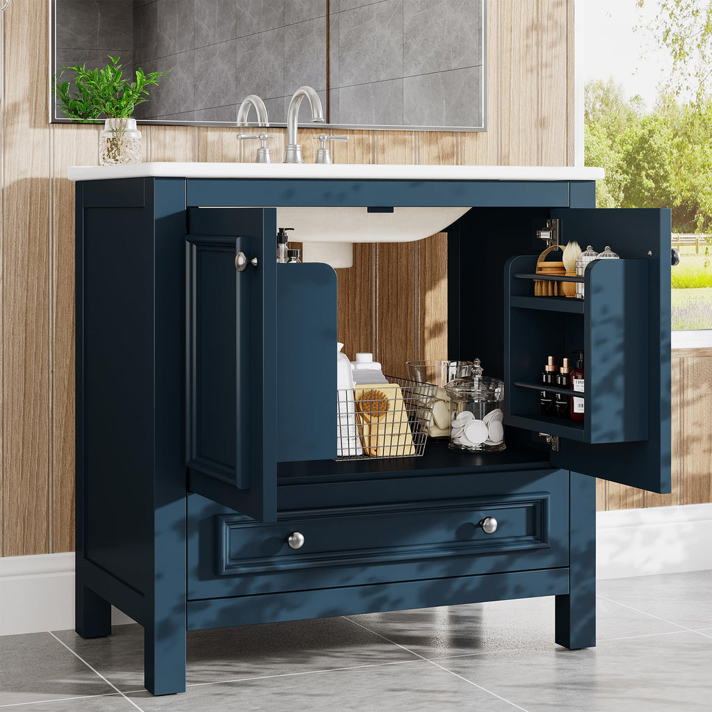 Tribesigns 30" Bathroom Vanity with Sink, Freestanding Bathroom Vanities Cabinet with Ceramic Basin Combo, Bathroom Sink Cabinet with 2 Doors and 1 Drawer, Solid Wooden Frame (Navy Blue, 30 INCH)