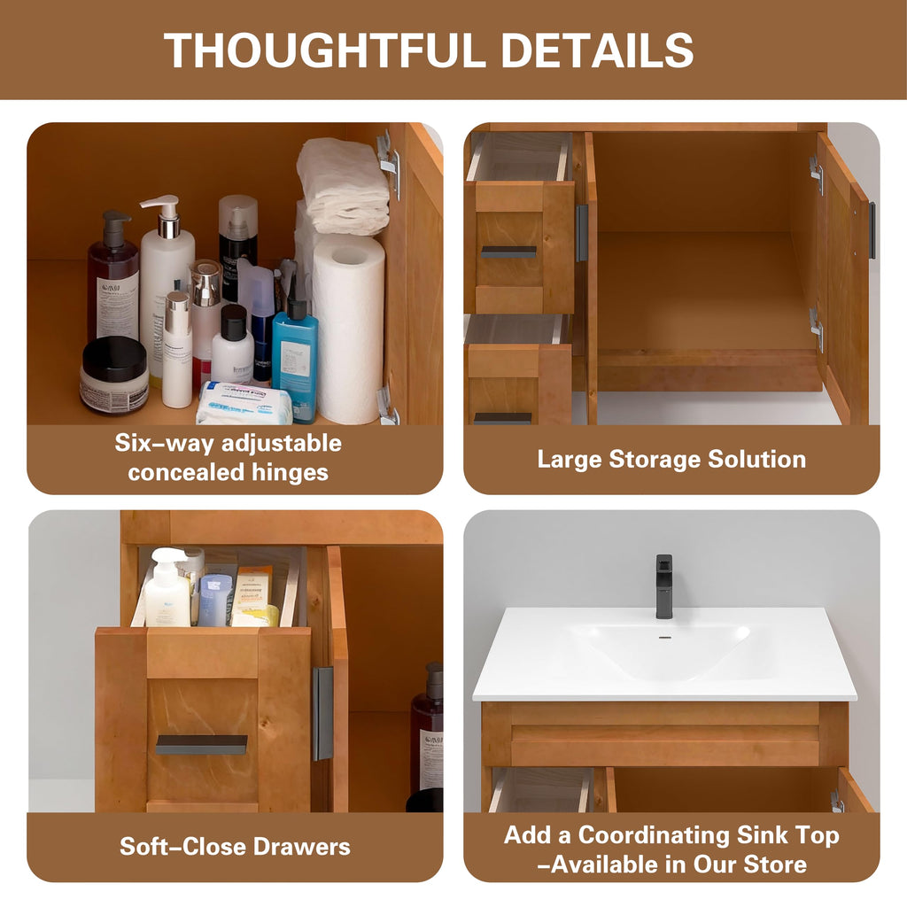 36" Maple Walnut Bathroom Vanity Base â Ready-to-Assemble Sink Cabinet with Drawers, Shaker Style Storage, Base Only, No Top or Sink