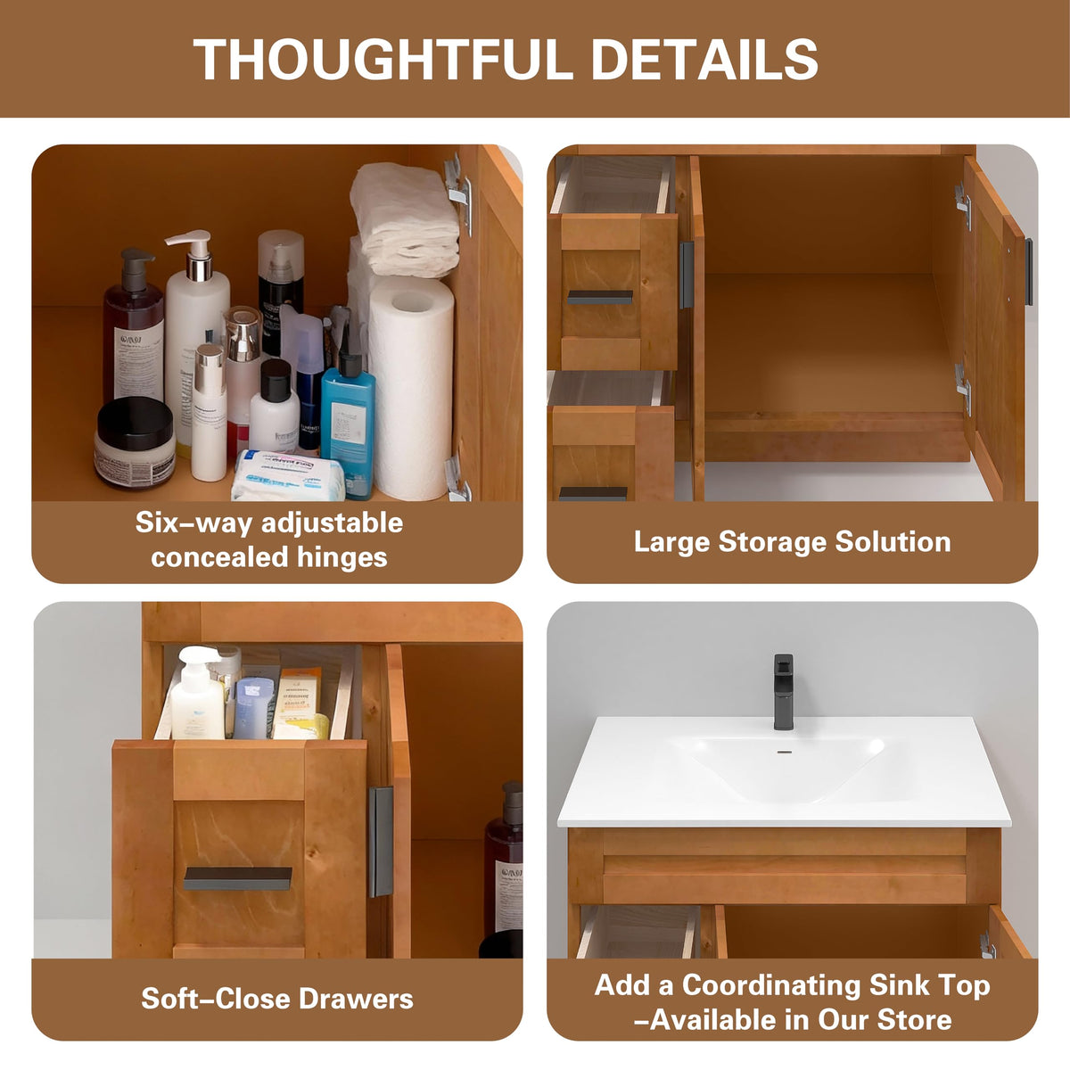 36" Maple Walnut Bathroom Vanity Base â Ready-to-Assemble Sink Cabinet with Drawers, Shaker Style Storage, Base Only, No Top or Sink