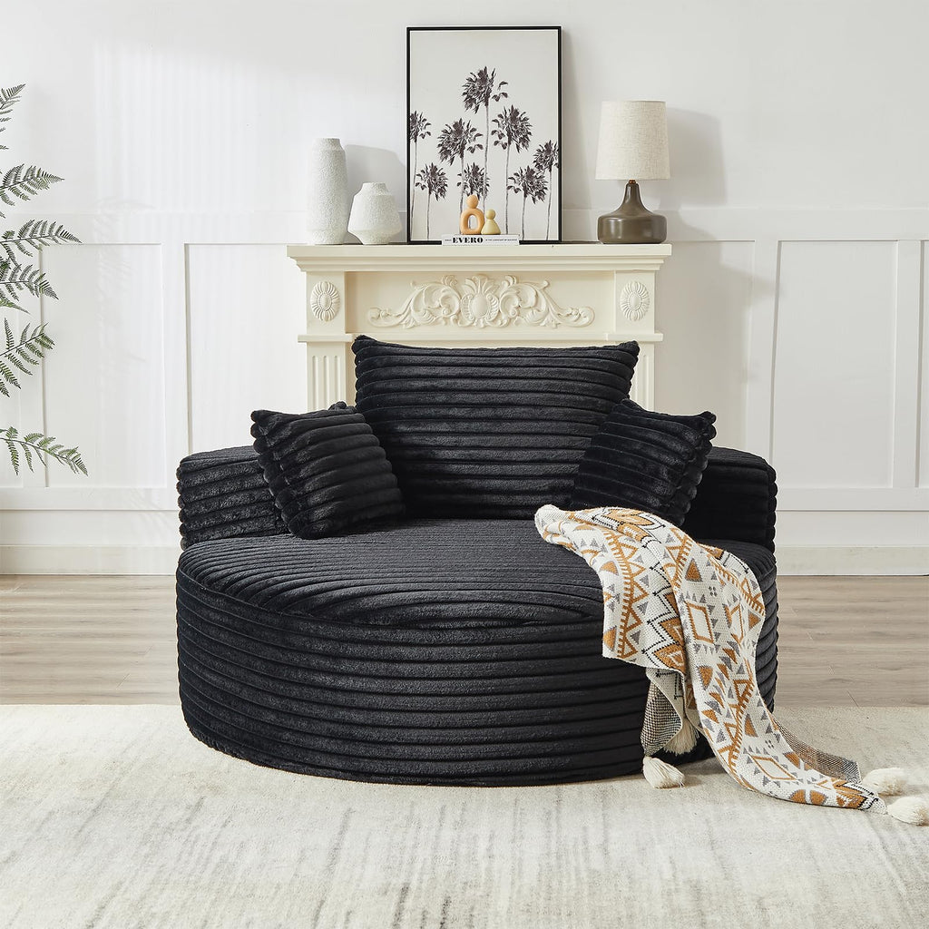 Oversized Round Chaise Longue Chair Indoor, Modern 55-inch Upholstered Corduroy Deep Seat Circle Single Cloud Lounge Floor Sofa Chair for Living Room, Bedroom Apartment, Beige