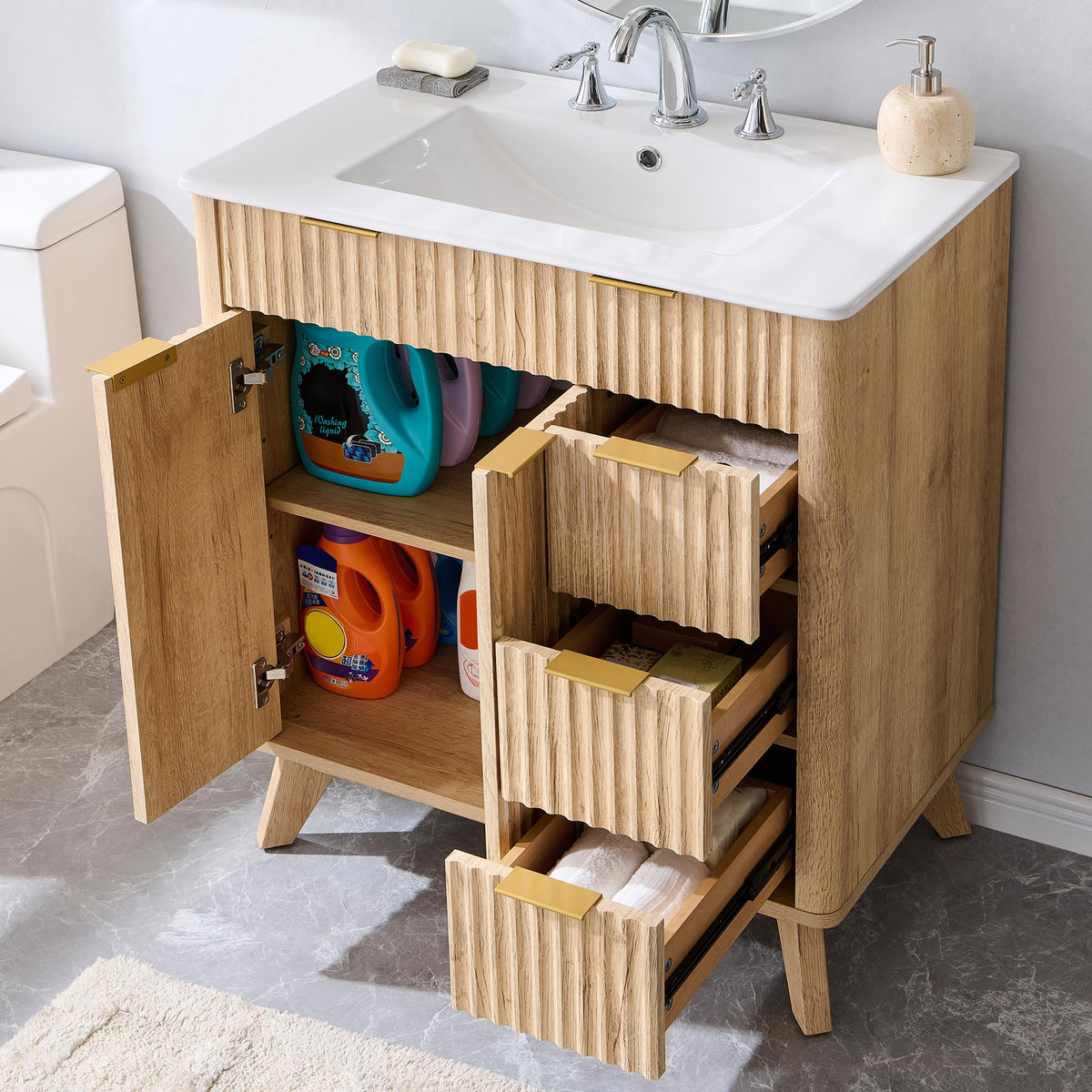 T4TREAM 60" Fluted Bathroom Vanity with Resin Sink Combo, Natural Oak