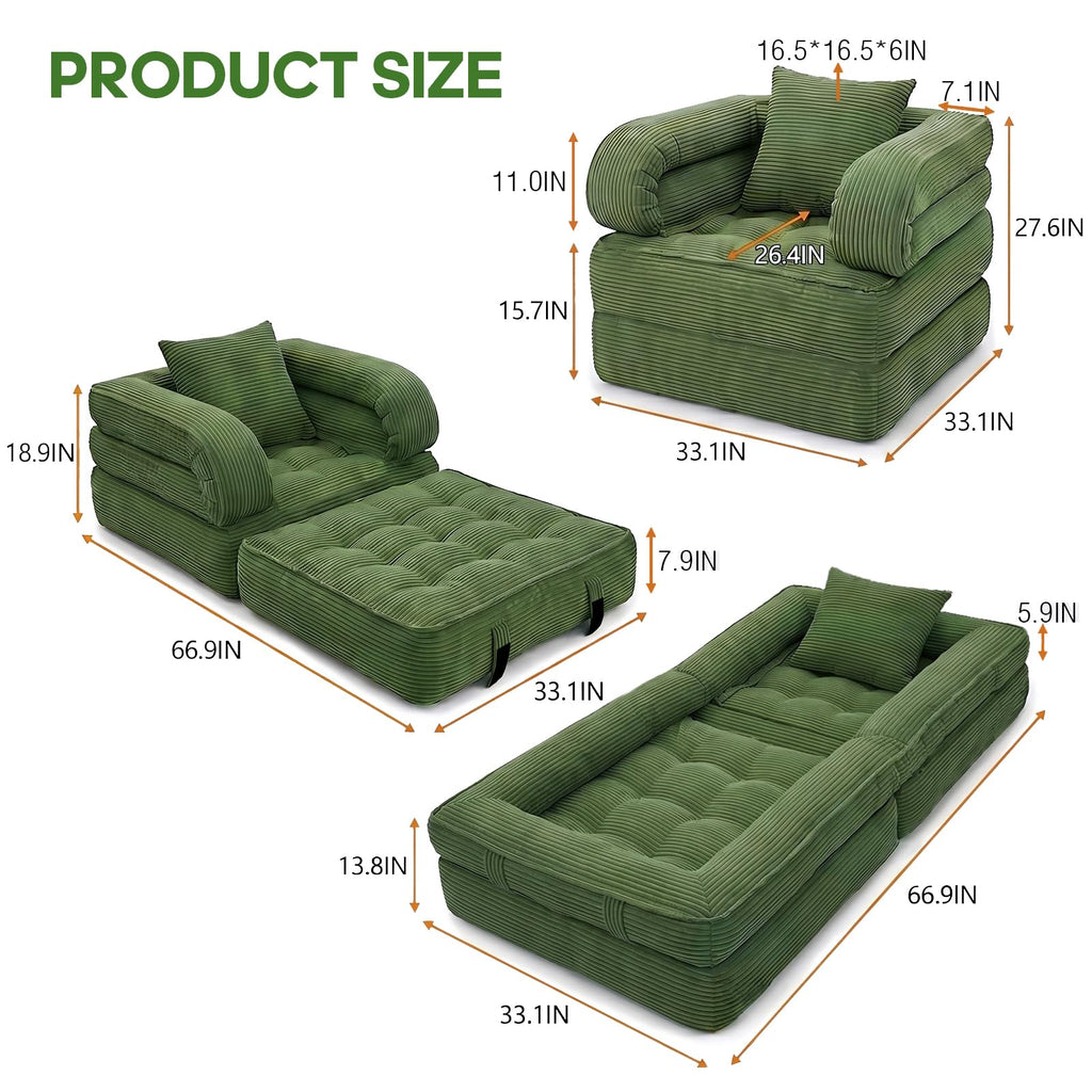 Folding Sofa Bed, Convertible Sleeper Chair with Armrests, Corduroy Foldable Boneless Bed, 3-in-1 Portable Futon Couch Floor Sofa with Pillow for Bedroom, Living Room, Orange
