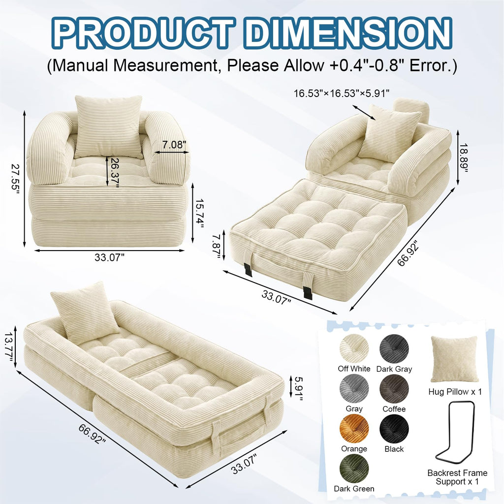 Folding Sofa Bed, Convertible Sleeper Chair with Armrests, Corduroy Foldable Boneless Bed, 3-in-1 Portable Futon Couch Floor Sofa with Pillow for Bedroom, Living Room, Orange
