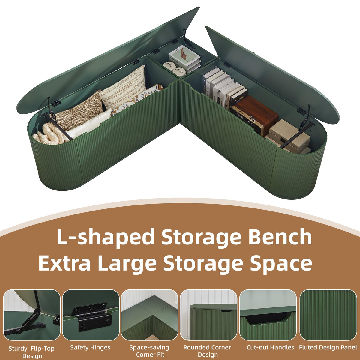 RARZOE 43.3" Fluted Storage Chest, Oval Storage Bench with 4 Wheels,(Green)
